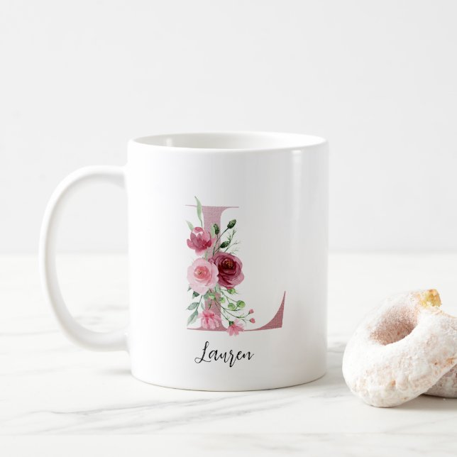 Watercolor Flowers Monogram Pink L Custom Name Coffee Mug (With Donut)