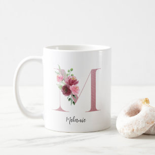 Watercolor Flowers Monogram Pink M Custom Name Coffee Mug