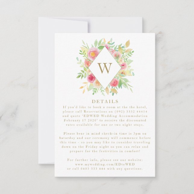 Watercolor Flowers Monogram Wedding Enclosure Card (Front)