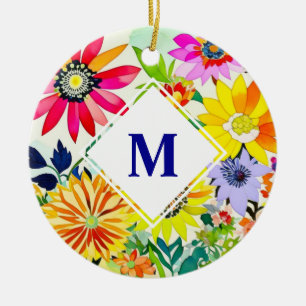 Watercolor Flowers Monogrammed  Ceramic Ornament