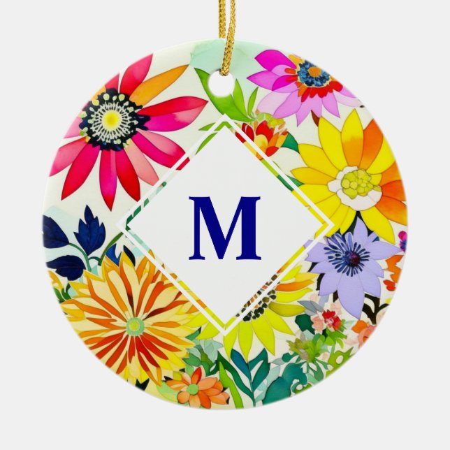 Watercolor Flowers Monogrammed  Ceramic Ornament (Front)