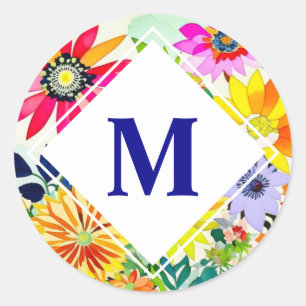 Watercolor Flowers Monogrammed  Classic Round Sticker