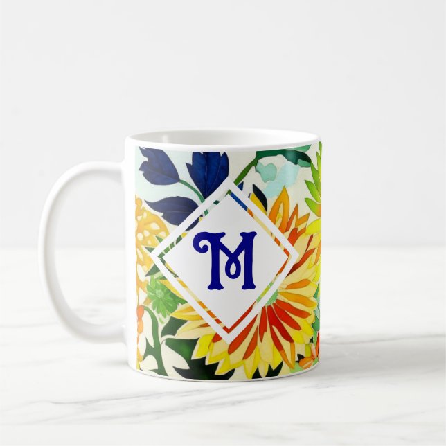 Watercolor Flowers Monogrammed  Coffee Mug (Left)