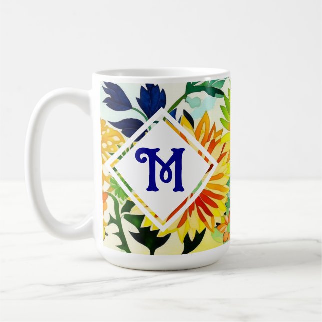 Watercolor Flowers Monogrammed  Coffee Mug (Left)