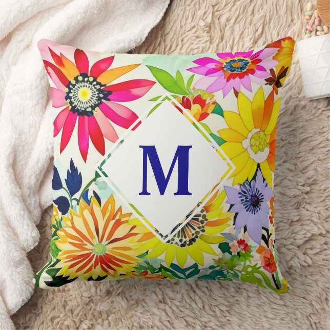 Watercolor Flowers Monogrammed  Cushion (Blanket)