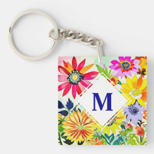 Watercolor Flowers Monogrammed Key Ring