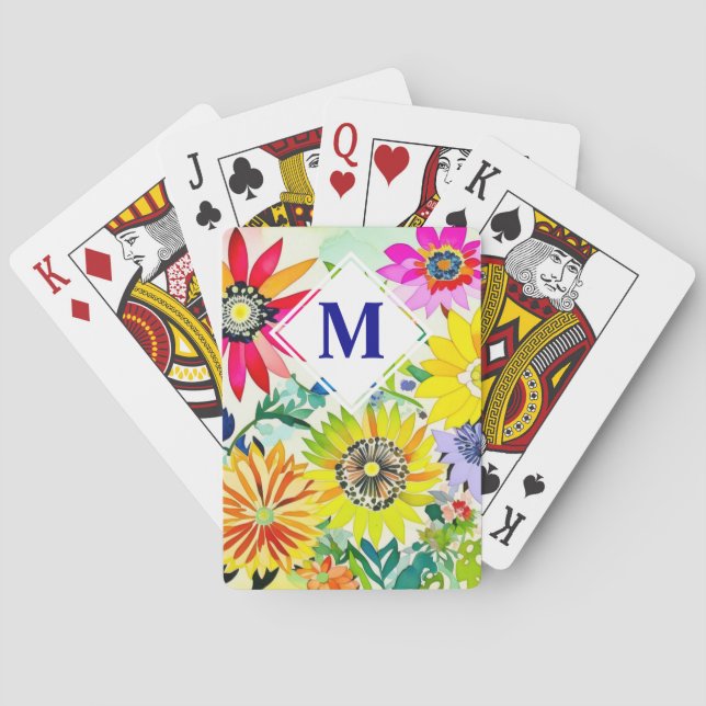 Watercolor Flowers Monogrammed  Playing Cards (Back)