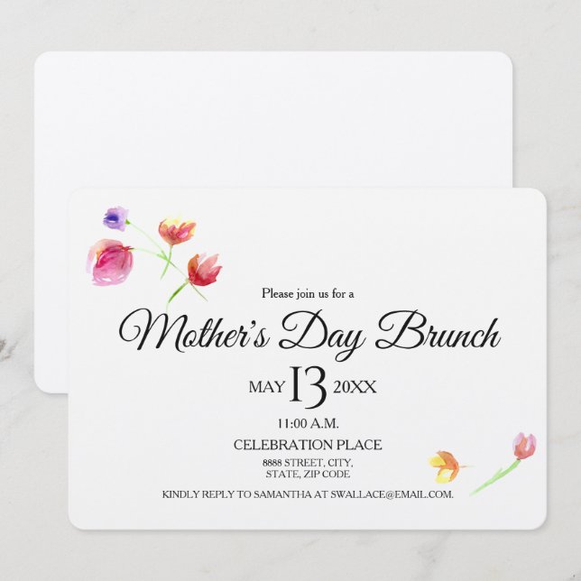 Watercolor flowers, Mother's day Brunch Invitation (Front/Back)