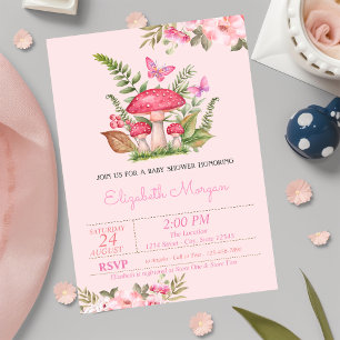 Watercolor Flowers Mushroom Butterfly Baby Shower Invitation