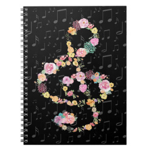 watercolor flowers music treble clef on black notebook