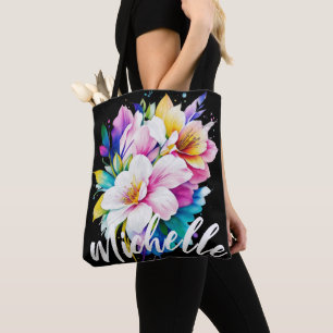 Watercolor Flowers Name Tote Bag