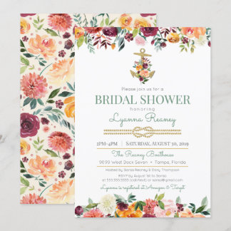 Watercolor Flowers Nautical Bridal Shower Invitation