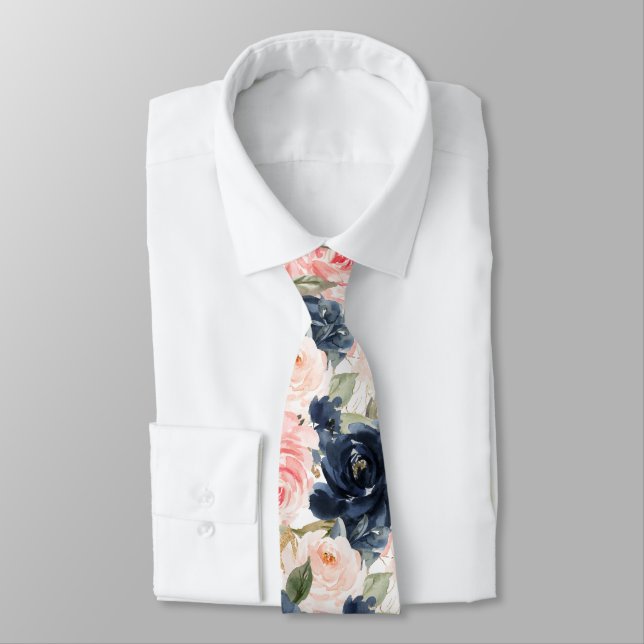Watercolor Flowers Navy Blue Blush Pink Roses   Tie (Tied)