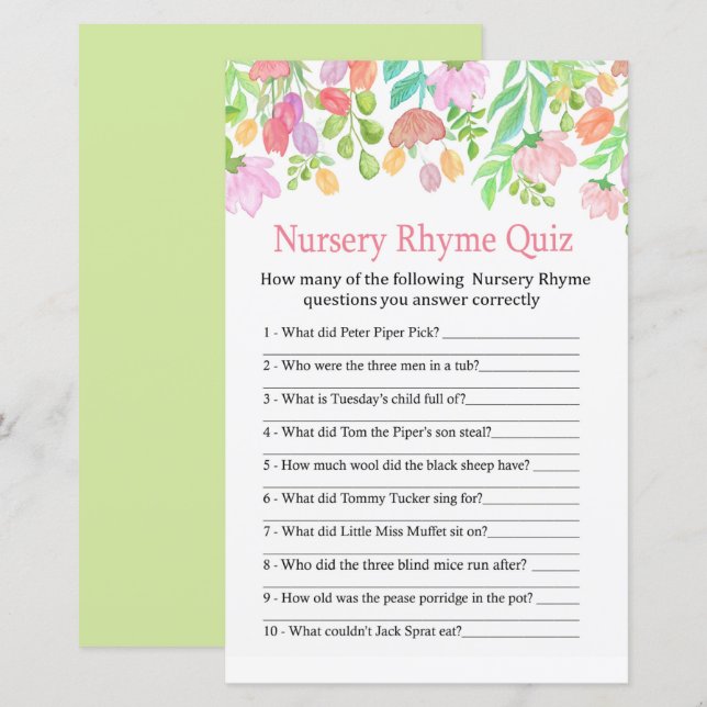 Watercolor Flowers Nursery Rhyme Quiz baby shower (Front/Back)