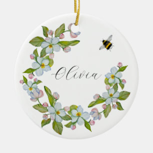 Watercolor flowers of garden trees and bumblebee ceramic ornament