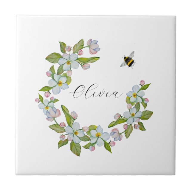 Watercolor flowers of garden trees and bumblebee ceramic tile (Front)