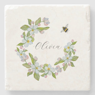 Watercolor flowers of garden trees and bumblebee stone coaster