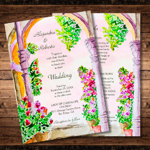 Watercolor Flowers Old Town Mexico Wedding Invitation
