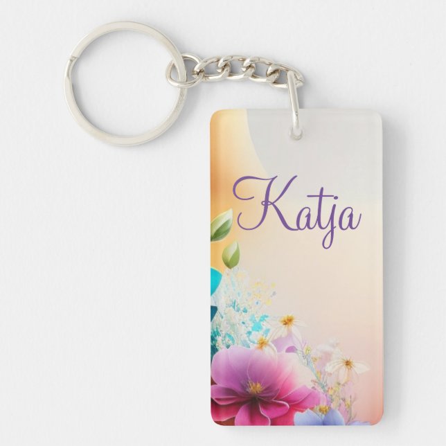Watercolor flowers on crescent moon key ring (Front)