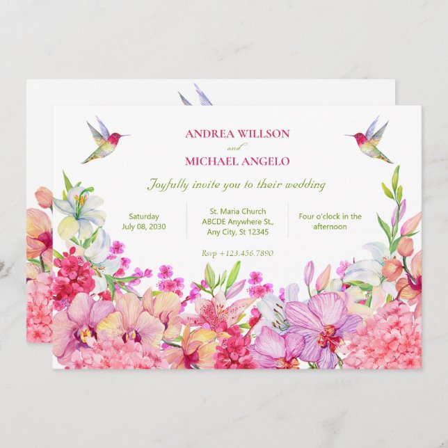 Watercolor Flowers Orchids Bird garden wedding  Invitation (Front/Back)