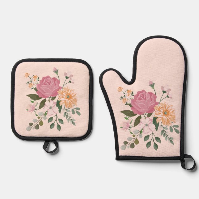 Watercolor flowers oven mitt & pot holder set (Front)