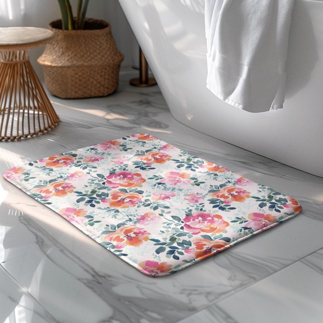 Watercolor Flowers Pattern Elegant Floral Bath Mat (Creator Uploaded)