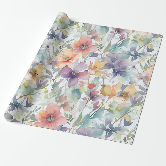Watercolor flowers pattern wrapping paper (Unrolled)