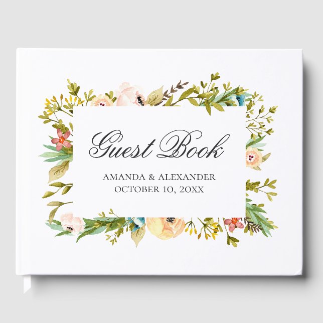 Watercolor flowers. Peach wedding. Botanical Guest Book (Front)