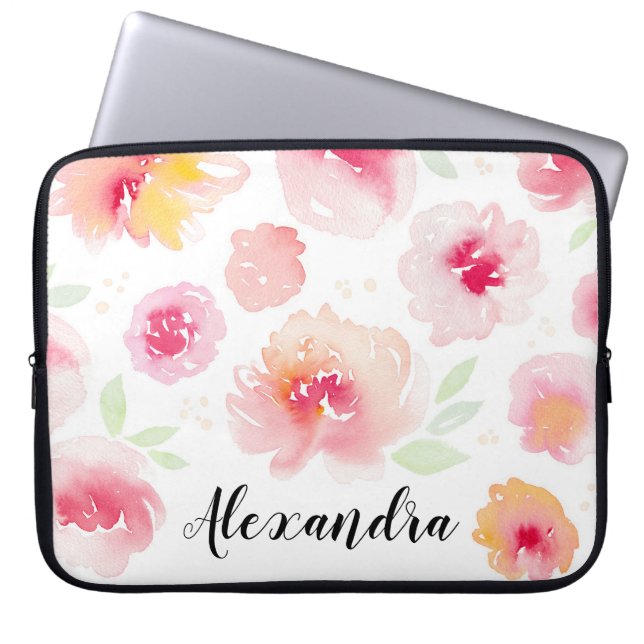 Watercolor Flowers Personalised Name Laptop Sleeve (Front)