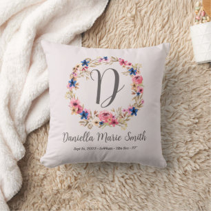 Watercolor Flowers Pink Baby Girl Name Birth Stats Cushion