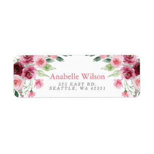 Watercolor Flowers Pink Burgundy Floral Return Address Label