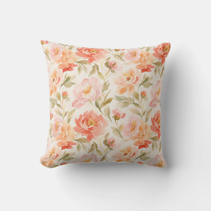 Watercolor Flowers Pink Orange Green Leaves Cushion