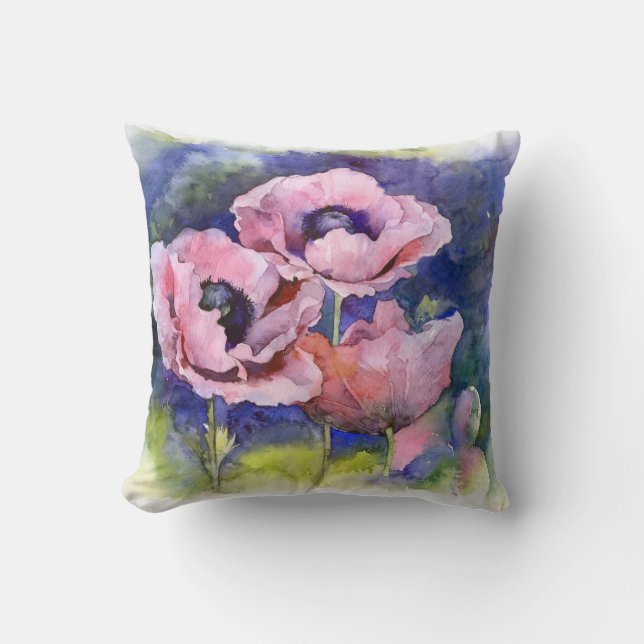 Watercolor flowers pink poppy illustration flowers cushion (Front)