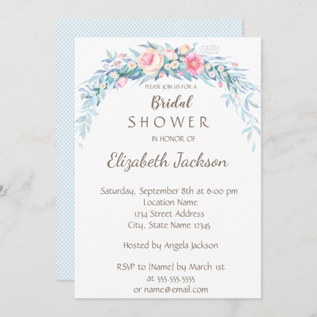 Watercolor Flowers Polka Dots   Bridal Shower Invitation (Front/Back)