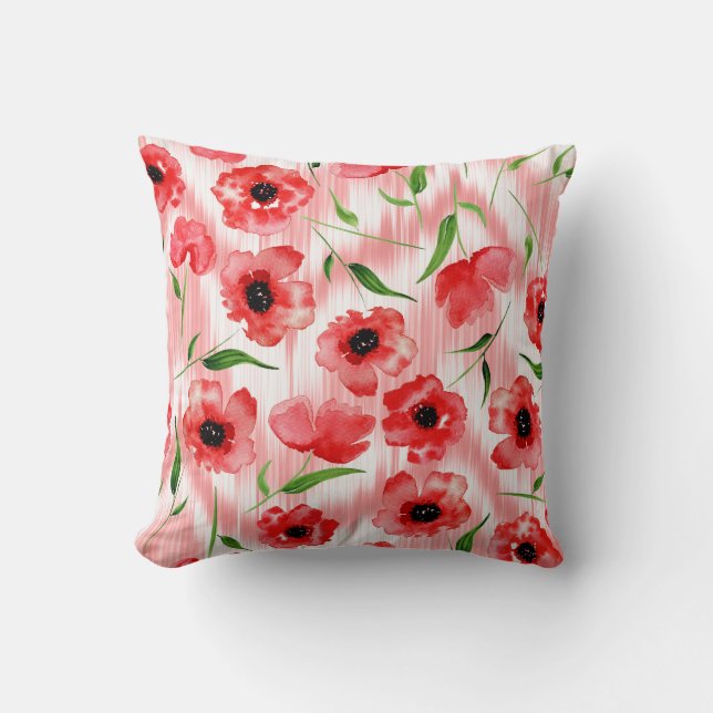 Watercolor flowers: poppy peony ikat. cushion (Front)