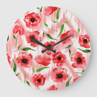 Watercolor flowers: poppy peony ikat. large clock
