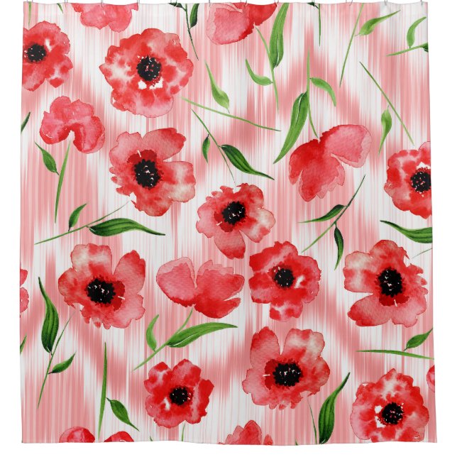 Watercolor flowers: poppy peony ikat. shower curtain (Front)