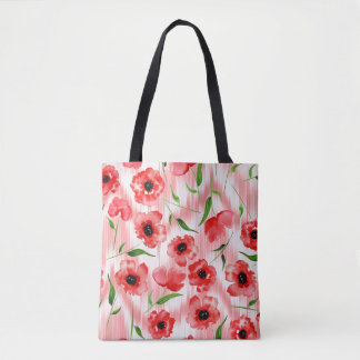 Watercolor flowers: poppy peony ikat. tote bag