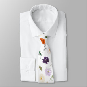 Watercolor Flowers Purples n Rust Orange Roses Tie