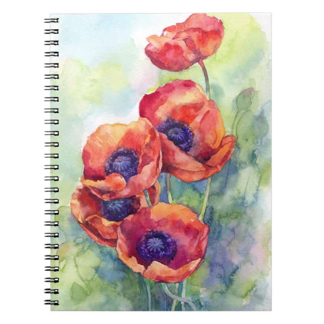 Watercolor flowers red poppy illustration flowers notebook (Front)