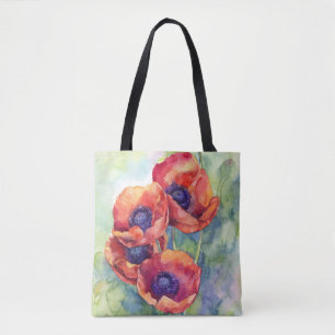 Watercolor flowers red poppy illustration flowers tote bag