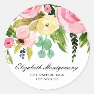 Watercolor Flowers Return Address Classic Round Sticker