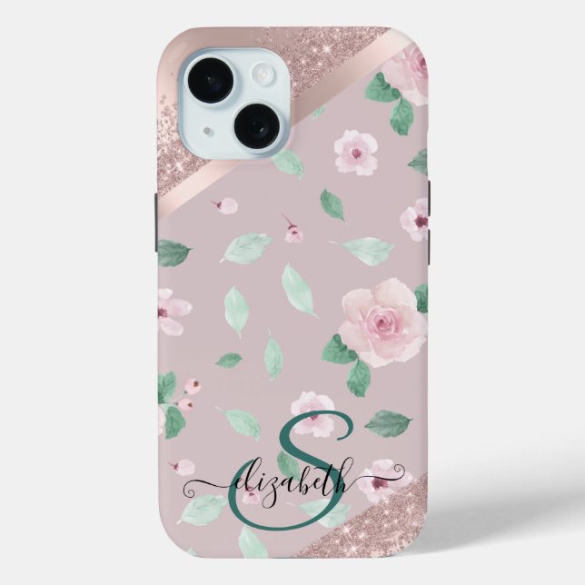 Watercolor Flowers Rose Gold Monogram Case-Mate iPhone Case (Back)