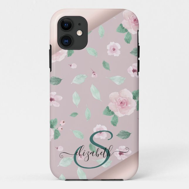 Watercolor Flowers Rose Gold Monogram Case-Mate iPhone Case (Back)