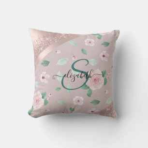 Watercolor Flowers Rose Gold Monogram Cushion