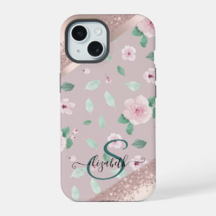 Watercolor Flowers Rose Gold Monogram iPhone 15 Case