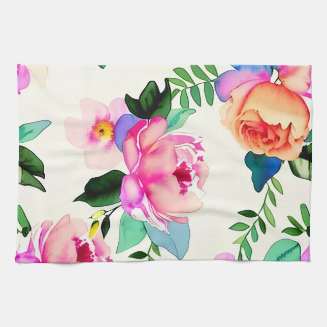 watercolor flowers roses tea towel (Horizontal)
