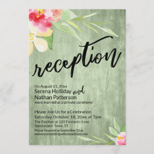 Watercolor Flowers & Rustic Green Wood Reception Invitation