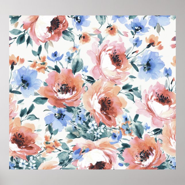 Watercolor flowers, seamless pattern illustration. poster (Front)