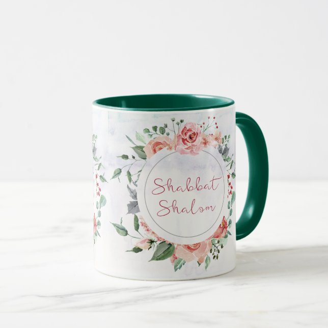 Watercolor Flowers Shabbat Shalom Coffee Mug (Front Right)